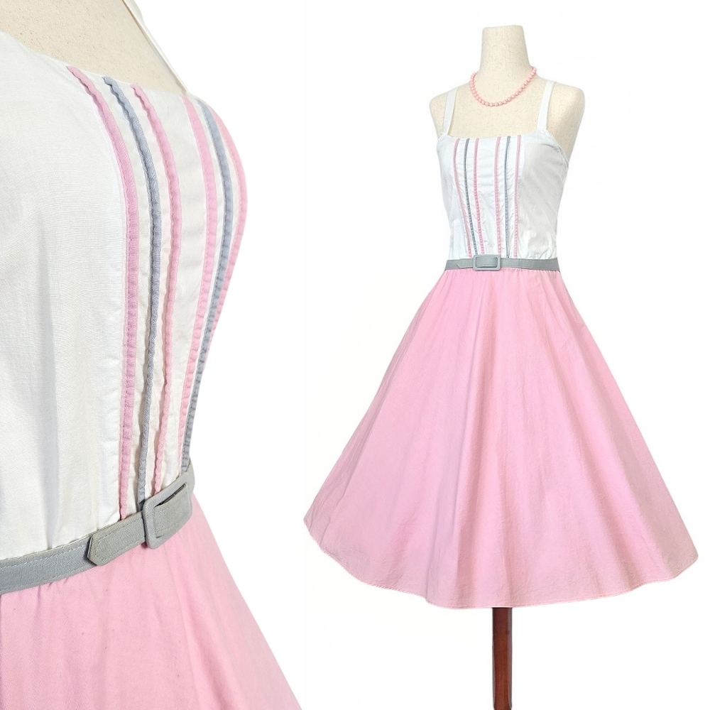 1970s Vintage Dress Set 70s Summer Fit Flare Pink White S/M Small Medium Cotton